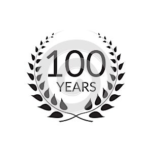 100 years anniversary logo with laurel wreath frame. 100th birthday celebration icon or badge. Vector illustration